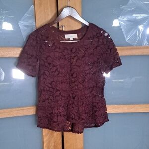 Anne Taylor Loft Lace Short Sleeve Top - Burgundy